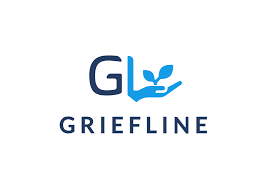 GriefLine logo with stylized blue hand and leaf above the letter G