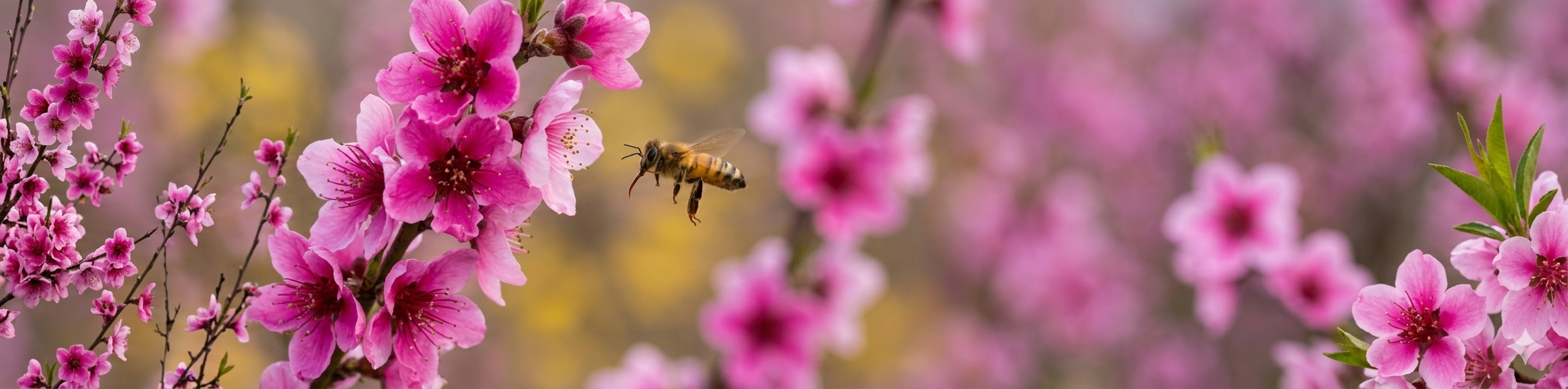A honey bee flying near pink blossoms on a blooming tree branch.