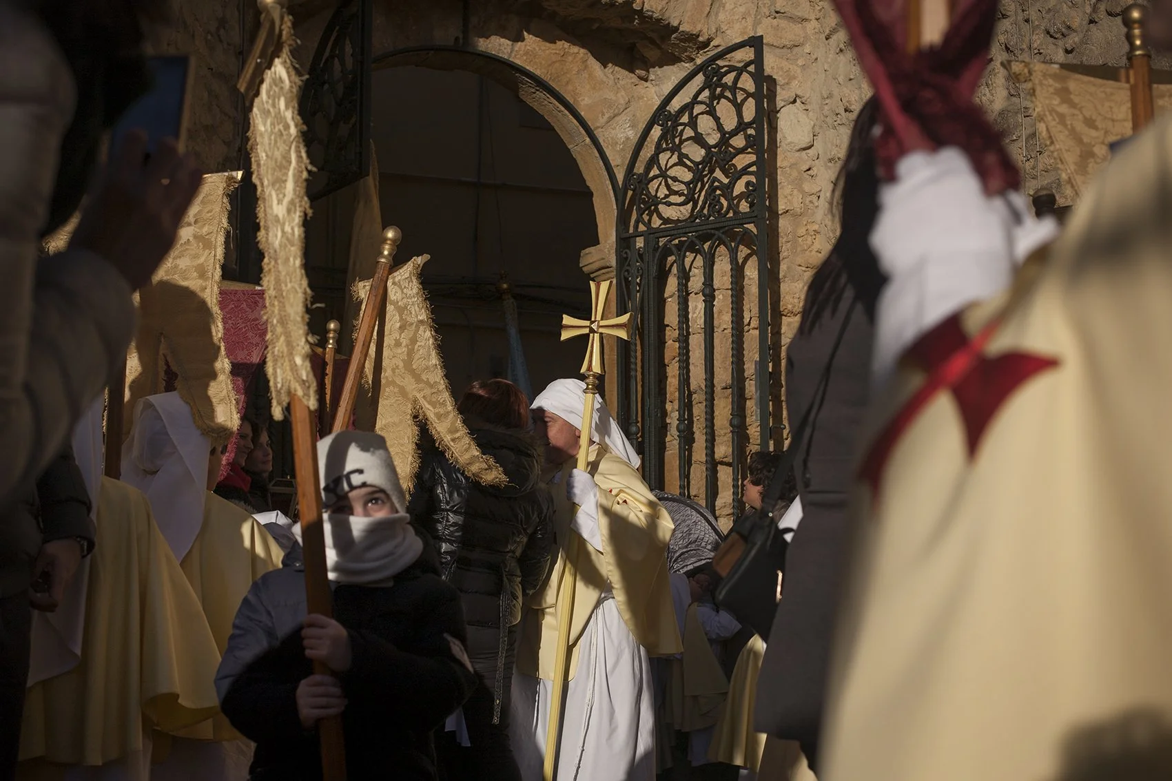 Documenting easter celebrations in Sicily, Italy. The congregation gathering outside the central church in Enna. 2017.