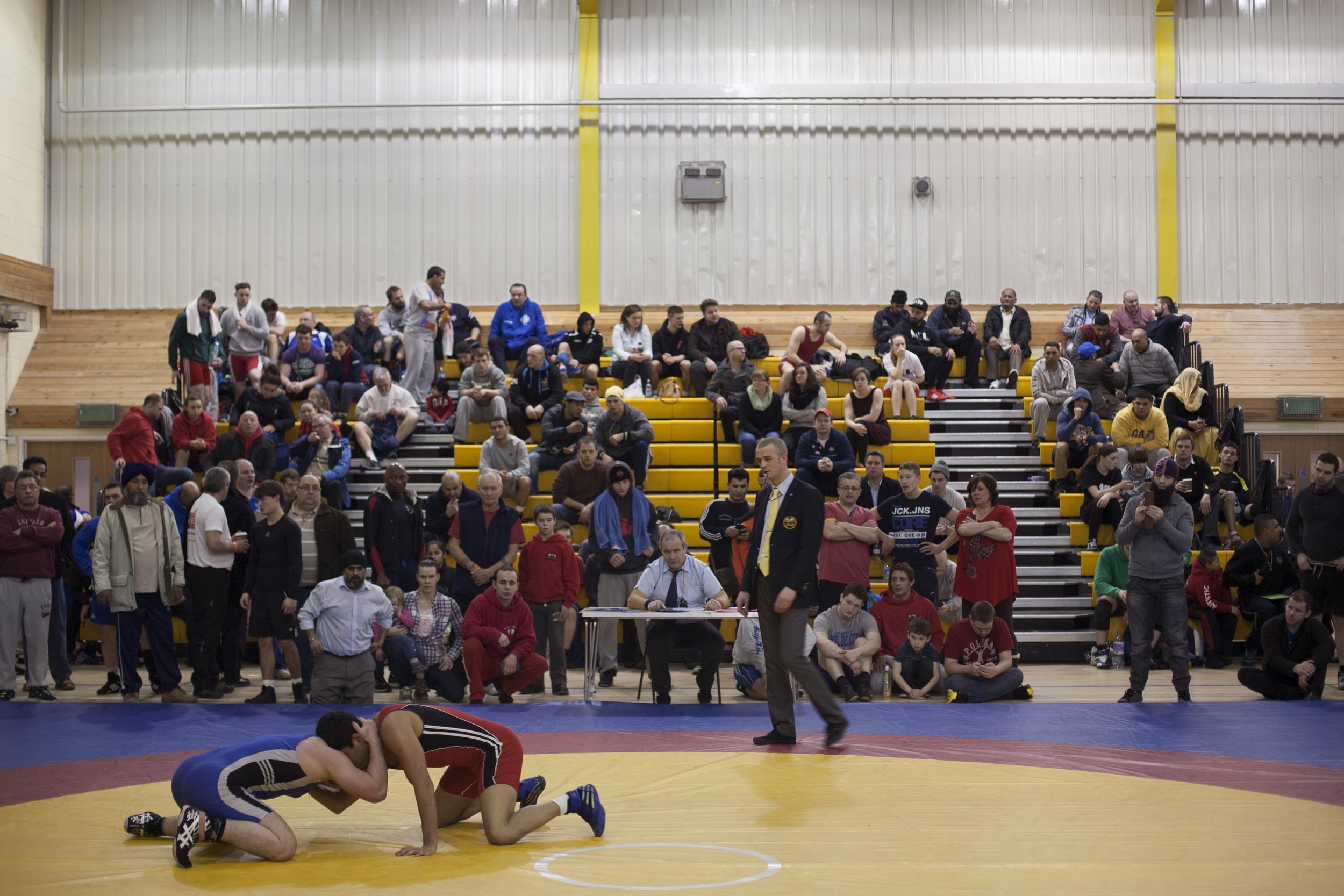 English wrestling open. Competitors and spectators. Solihull. UK. 2014.