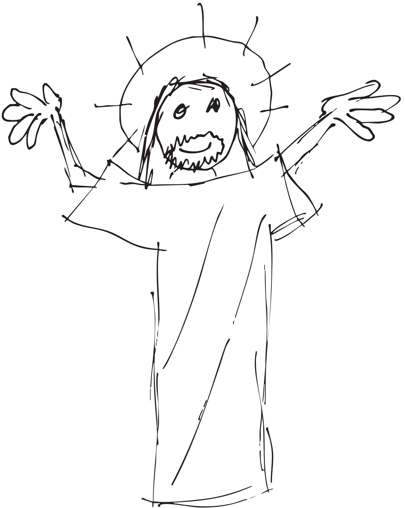 Simple sketch of the man himself, Jesus. A child like halo resting over his noggin and his arms outstretched and shrugging.