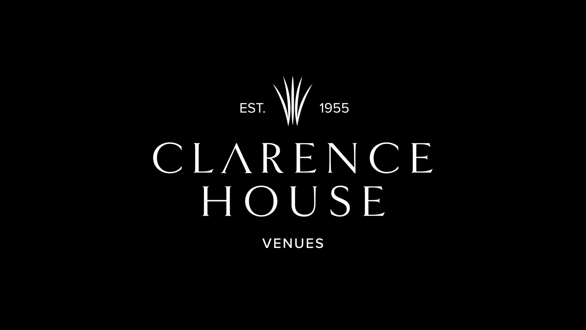 Black background with white text displaying 'Clarence House' and 'Venues', with an emblem above and 'Est. 1955' on either side.