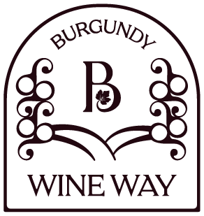 Logo avec texte 'Burgundy Wine Way', un symbole de verre à vin stylisé et des éléments décoratifs autour.