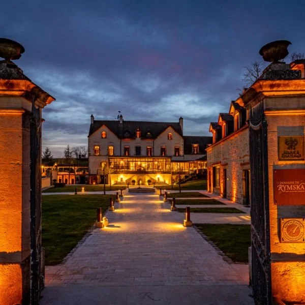 Un grand manoir éclairé la nuit, vu à travers une porte en fer décorée, avec un chemin pavé illuminé menant à l'entrée principale