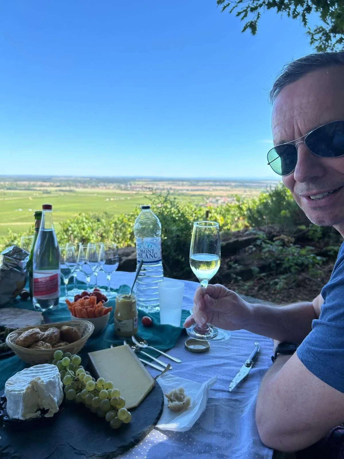 Un homme portant des lunettes de soleil, assis à une table en plein air avec un panorama rural. La table est dressée avec des vins, des fromages, des fruits, et des amuse-gueules, face à un vaste champ et un ciel clair.