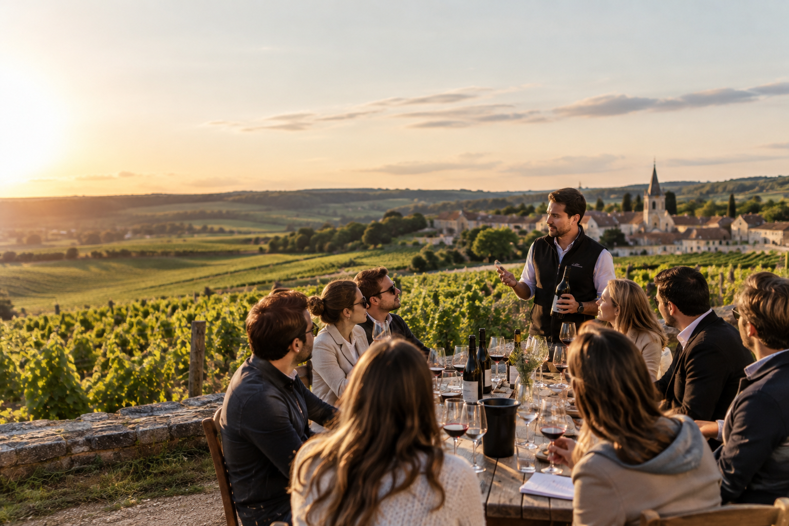 Groupe de personnes dégustant du vin lors d'un dîner en plein air dans un vignoble au coucher du soleil, avec un village en arrière-plan.