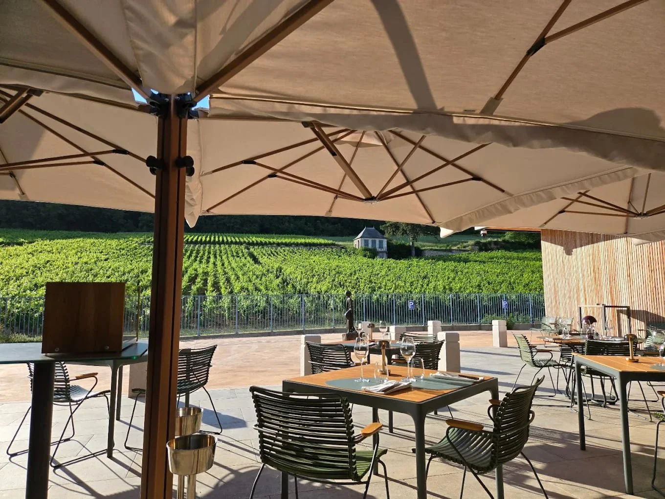 Terrasse extérieure avec des tables, des chaises, des parasols et une vue sur des vignobles en arrière-plan.