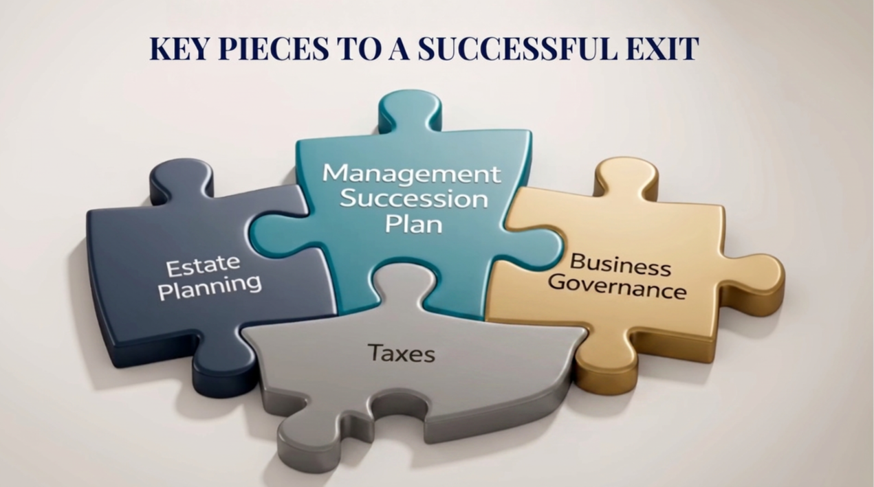 Four interconnected puzzle pieces labeled Management Succession Plan, Business Governance, Taxes, Estate Planning, forming a metaphorical puzzle about key components for a successful exit.