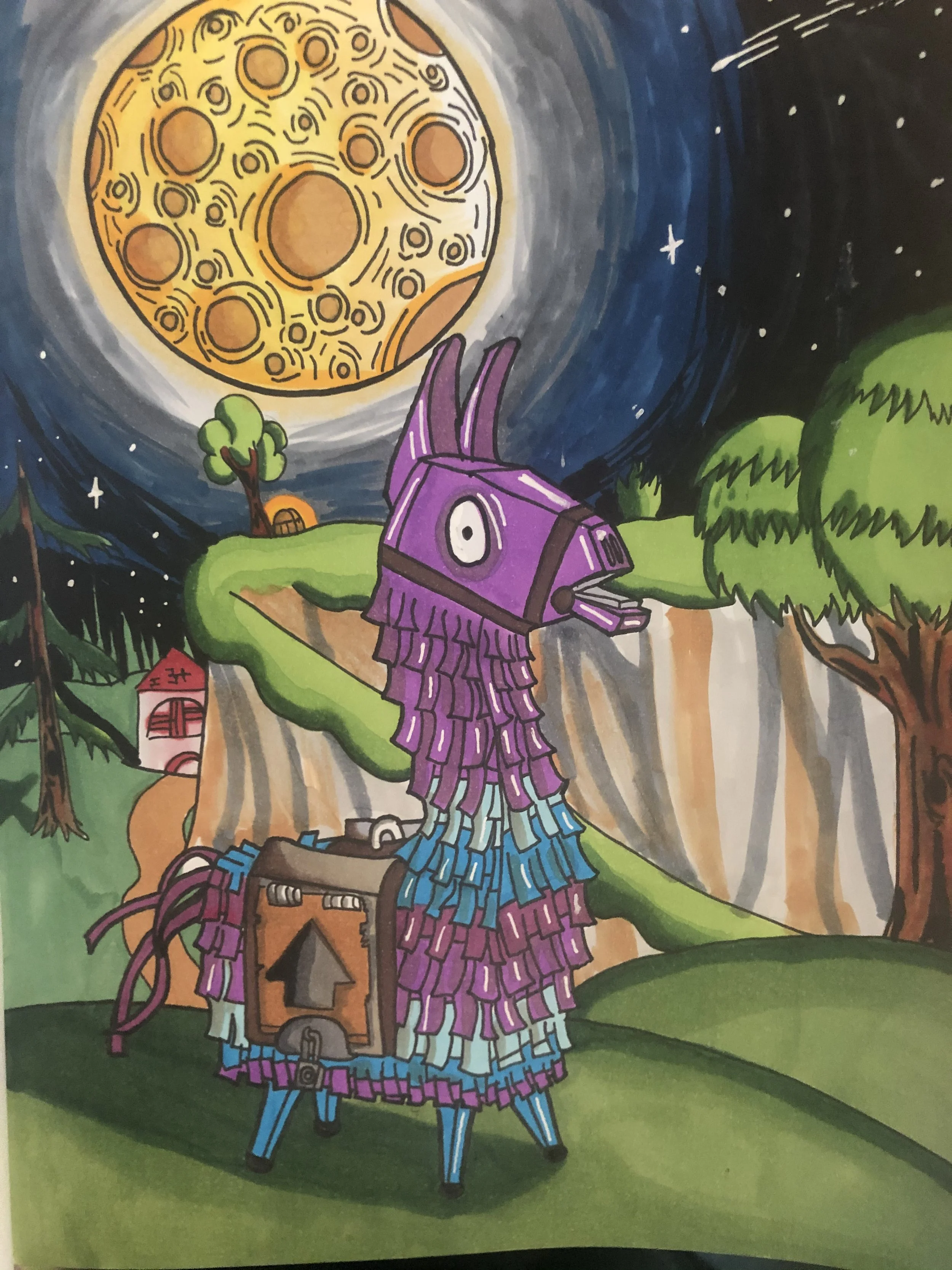 As you can see, I also love playing video games (especially Fortnite). So, I drew something inspired by the game. This was drawn with copic markers and micron pens. I did this back in 2021.