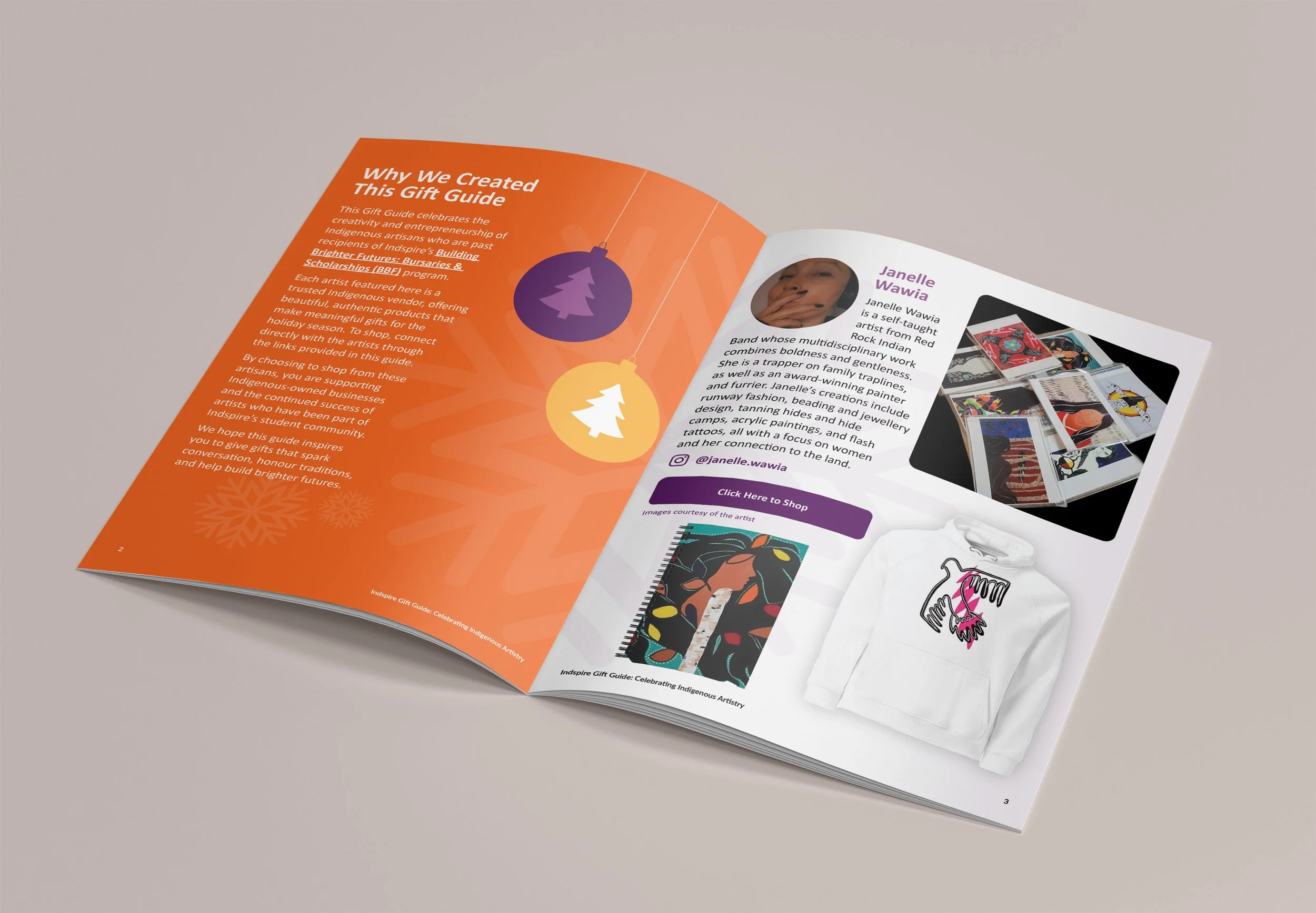 Opening spread designed to support donor engagement and connect readers with Indigenous-owned businesses and creators.