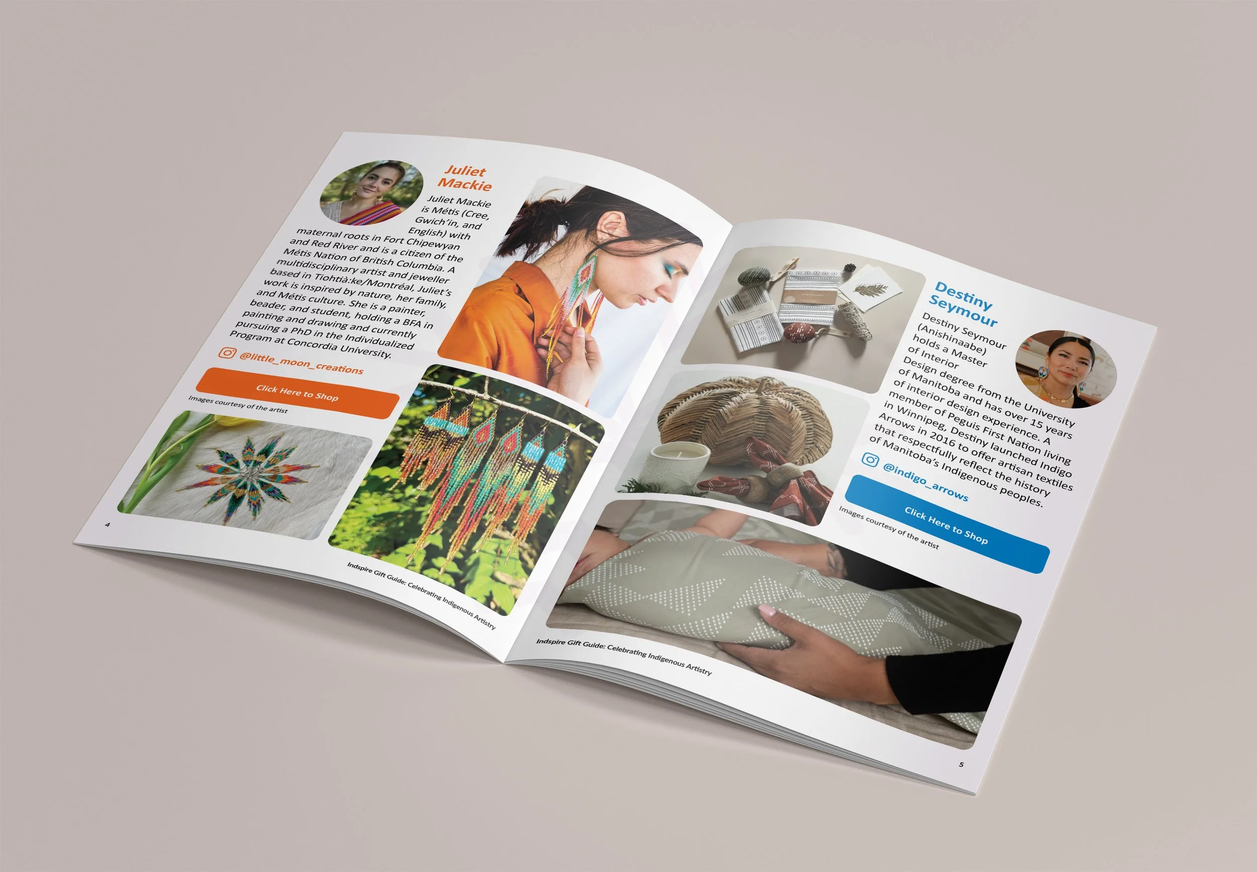 Interactive artist profile featuring storytelling, product photography, and clickable links to artist websites and social media channels.
