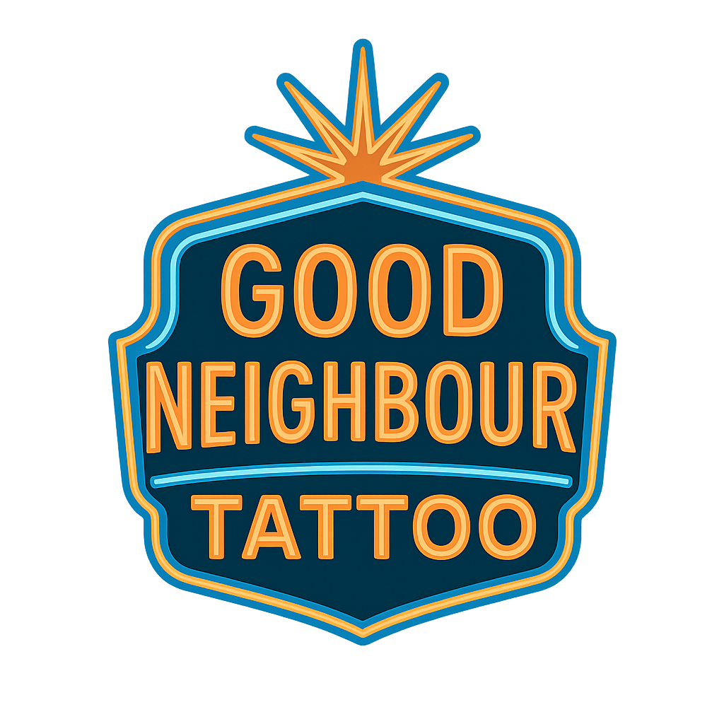 Neon sign for 'Good Neighbour Tattoo' with blue and orange colors, featuring a starburst at the top.
