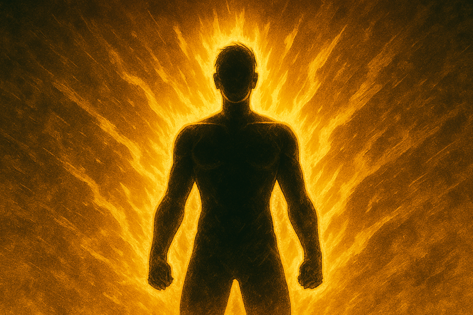 Silhouette of a muscular figure with glowing orange energy aura.