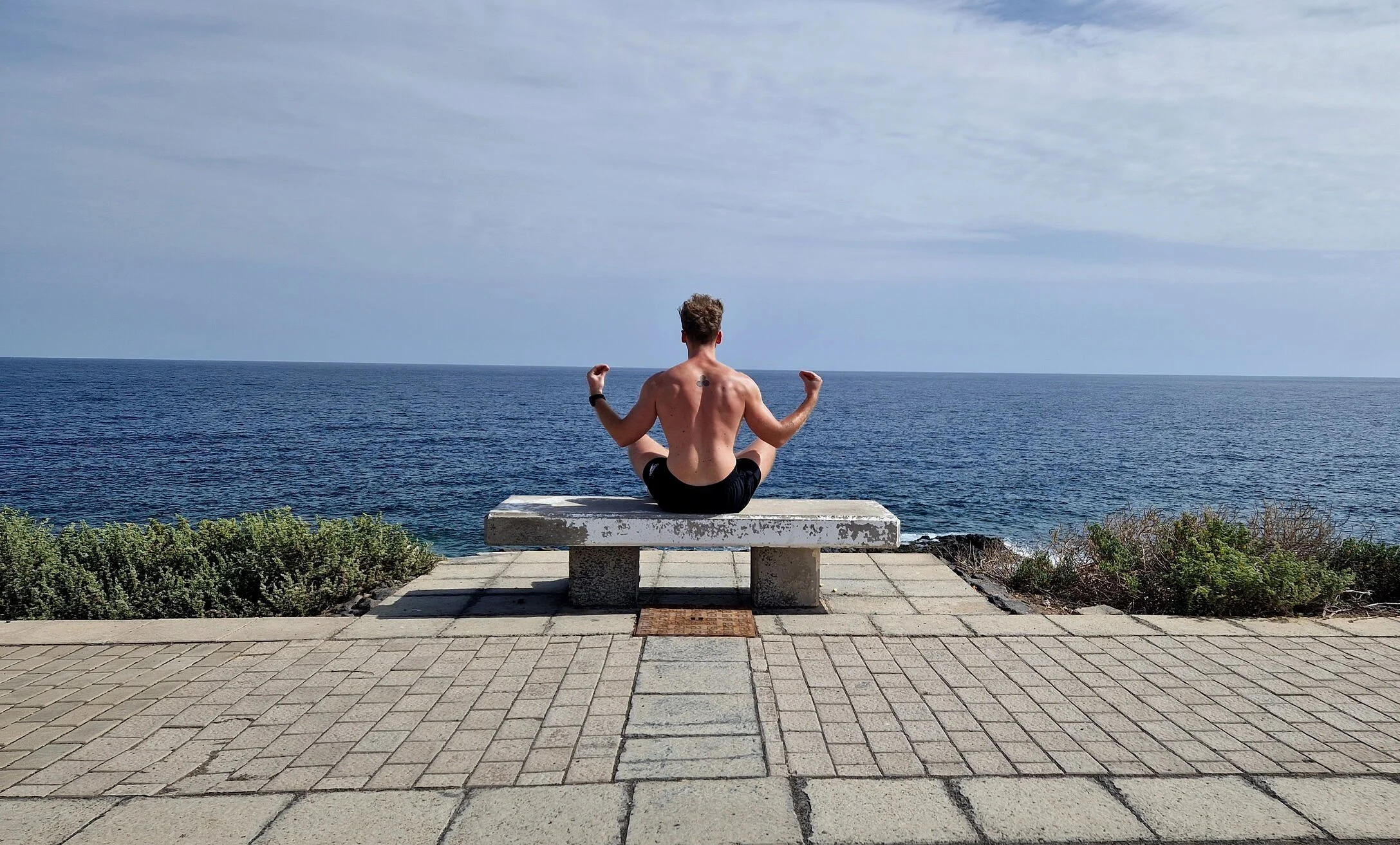 A shirtless person meditating on a concrete bench facing the ocean, with arms bent and fists closed. The scene includes a tiled pavement, shrubbery, and a vast seascape under a cloudy sky.