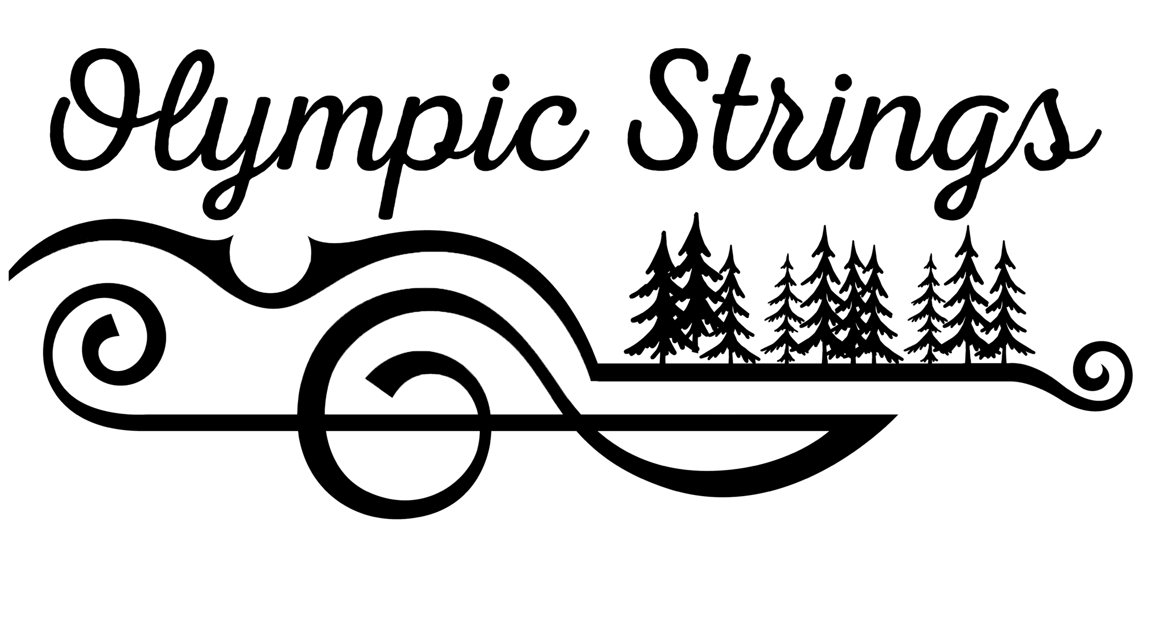 Stylized logo with the words 'Olympic Strings' in cursive font, featuring a design of a treble cleff with a string of pine trees.