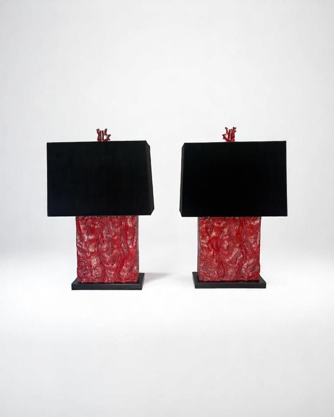 Pair of Tanner Kenzie, Contemporary Red Resin Lamps with Black Velvet Shades, pre-owned.