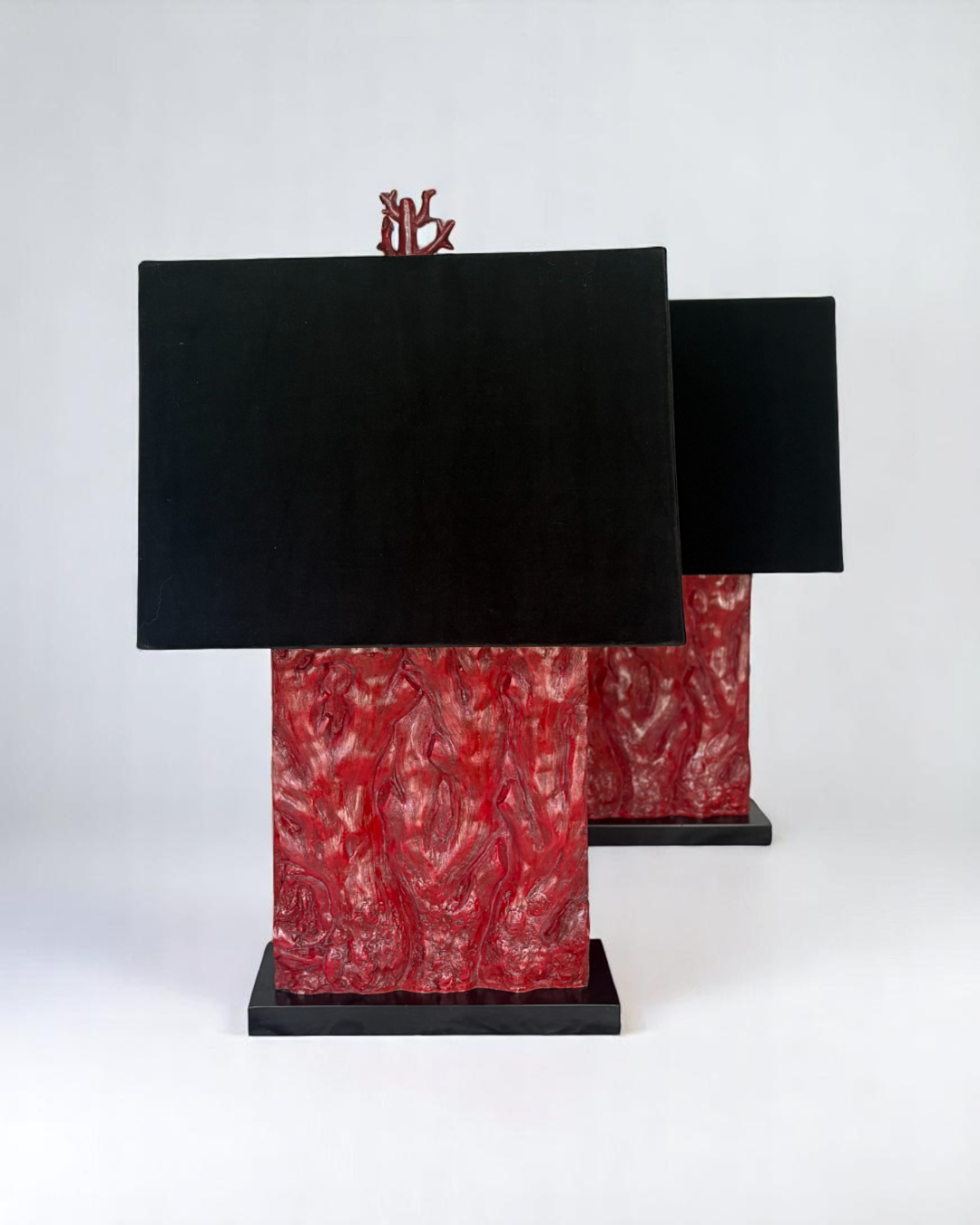 Pair of Tanner Kenzie, Contemporary Red Resin Lamps with Black Velvet Shades, pre-owned.