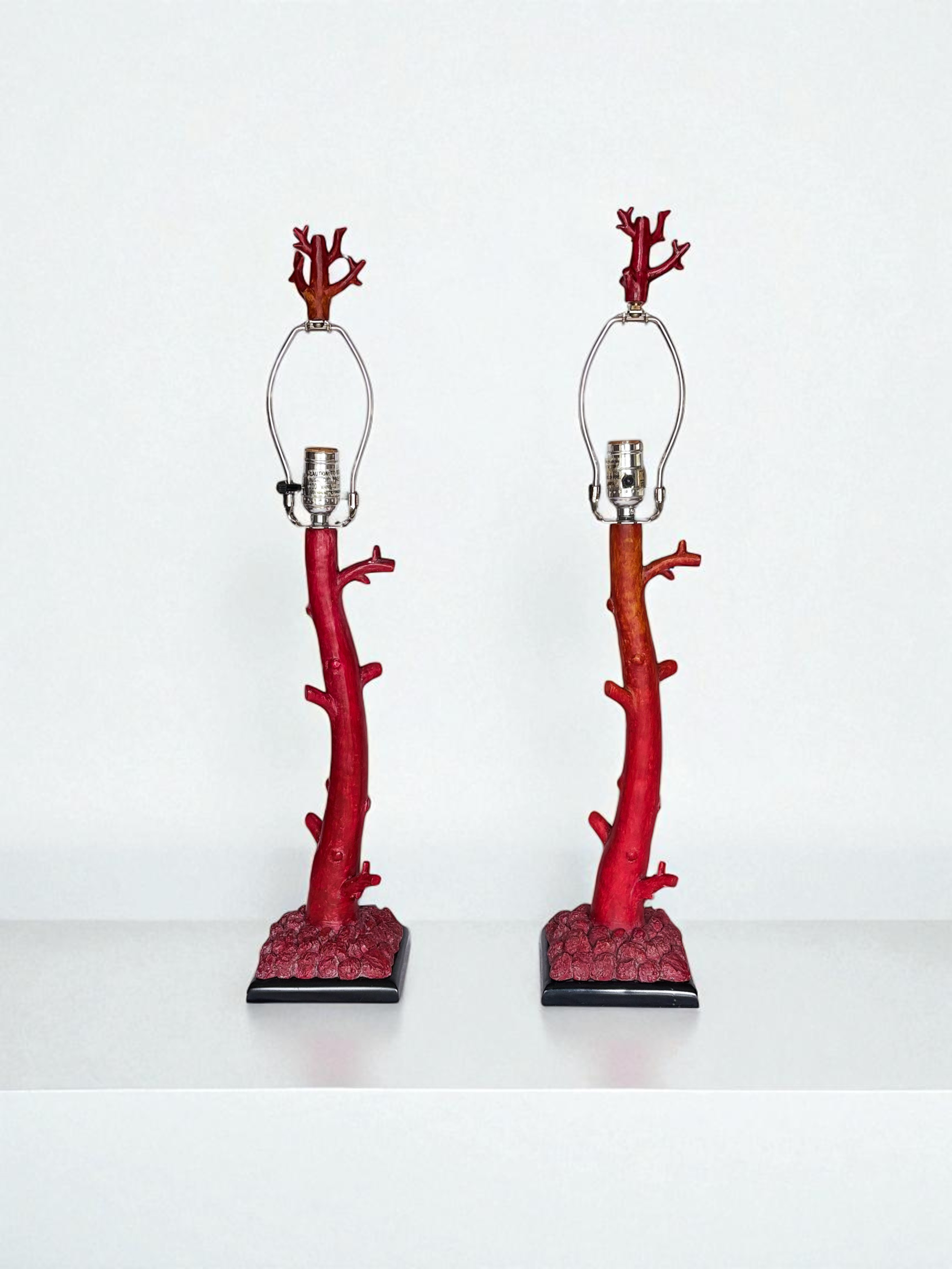 Pair of Tanner Kenzie, Contemporary Red Coral Resin Table Lamps with Black Velvet Shades, pre-owned.
