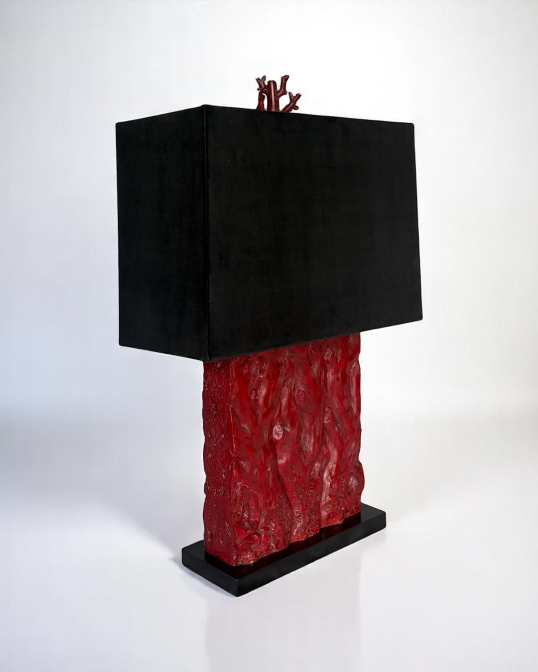 Pair of Tanner Kenzie, Contemporary Red Resin Lamps with Black Velvet Shades, pre-owned.