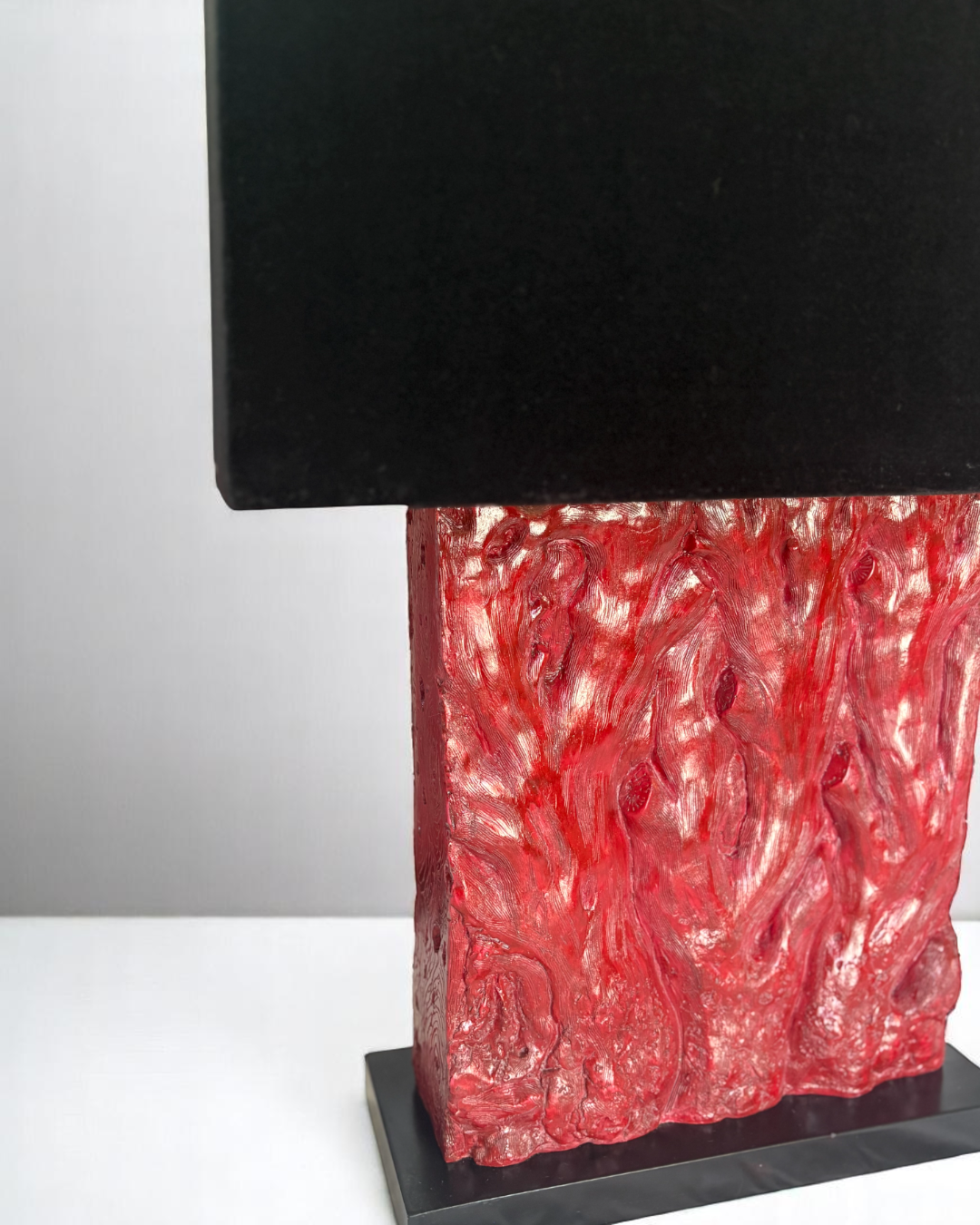 Pair of Tanner Kenzie, Contemporary Red Resin Lamps with Black Velvet Shades, pre-owned.