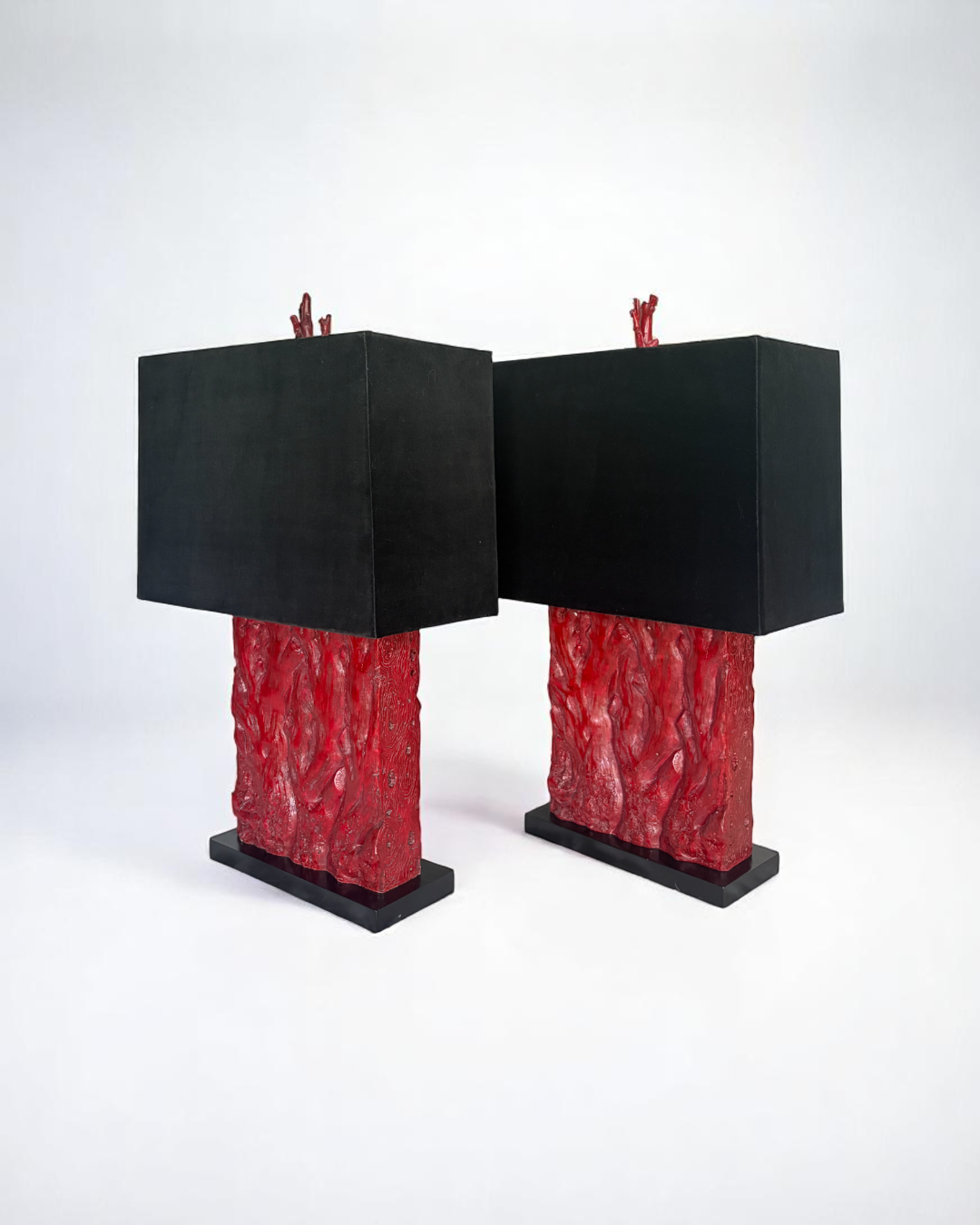 Pair of Tanner Kenzie, Contemporary Red Resin Lamps with Black Velvet Shades, pre-owned.
