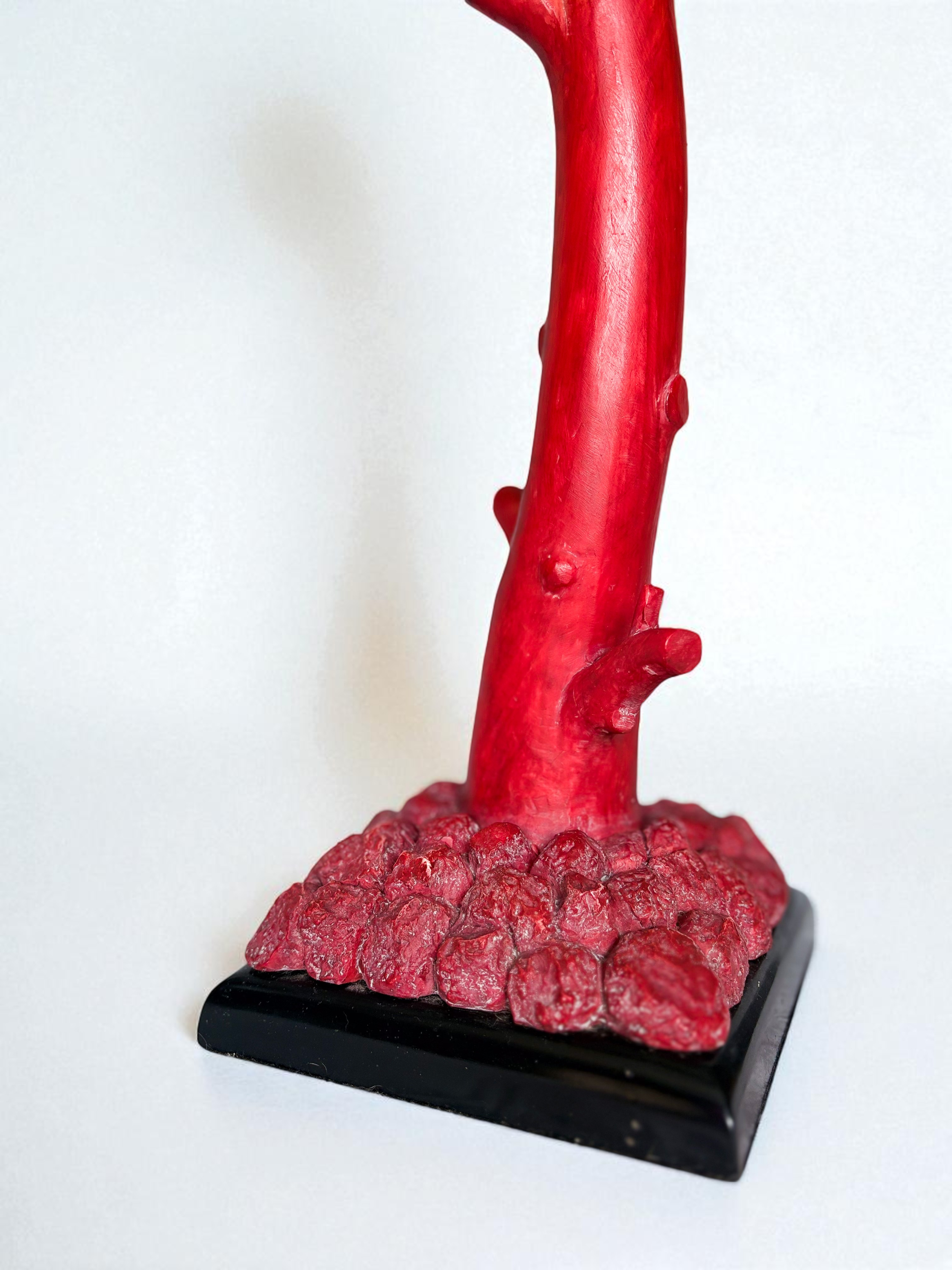 Pair of Tanner Kenzie, Contemporary Red Coral Resin Table Lamps with Black Velvet Shades, pre-owned.