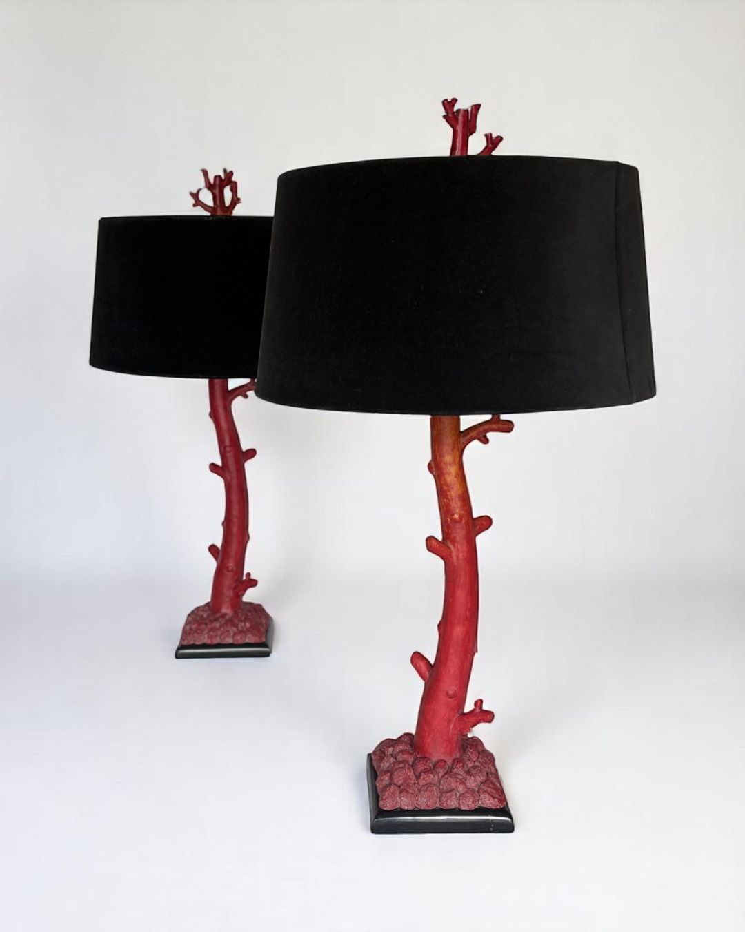 Pair of Tanner Kenzie, Contemporary Red Coral Resin Table Lamps with Black Velvet Shades, pre-owned.