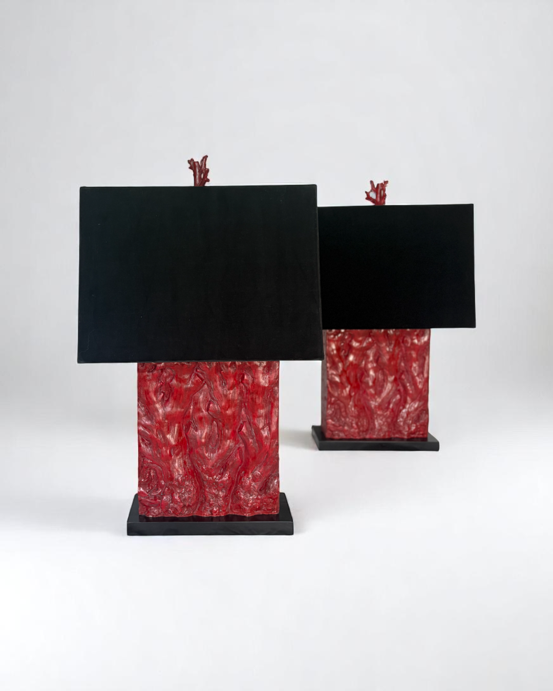 Pair of Tanner Kenzie, Contemporary Red Resin Lamps with Black Velvet Shades, pre-owned.