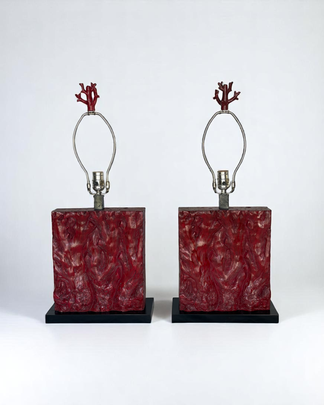Pair of Tanner Kenzie, Contemporary Red Resin Lamps with Black Velvet Shades, pre-owned.