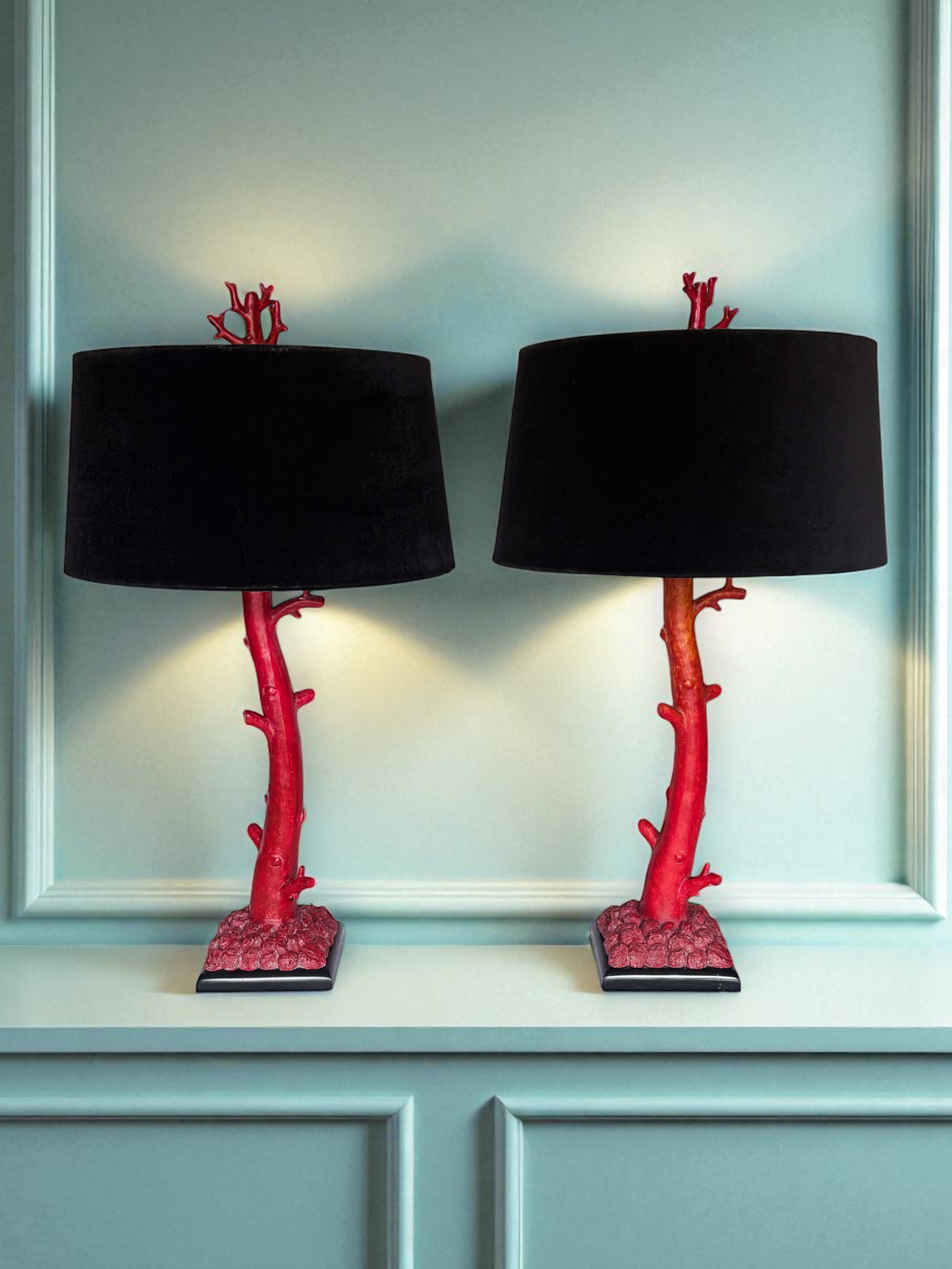 Pair of Tanner Kenzie, Contemporary Red Coral Resin Table Lamps with Black Velvet Shades, pre-owned.
