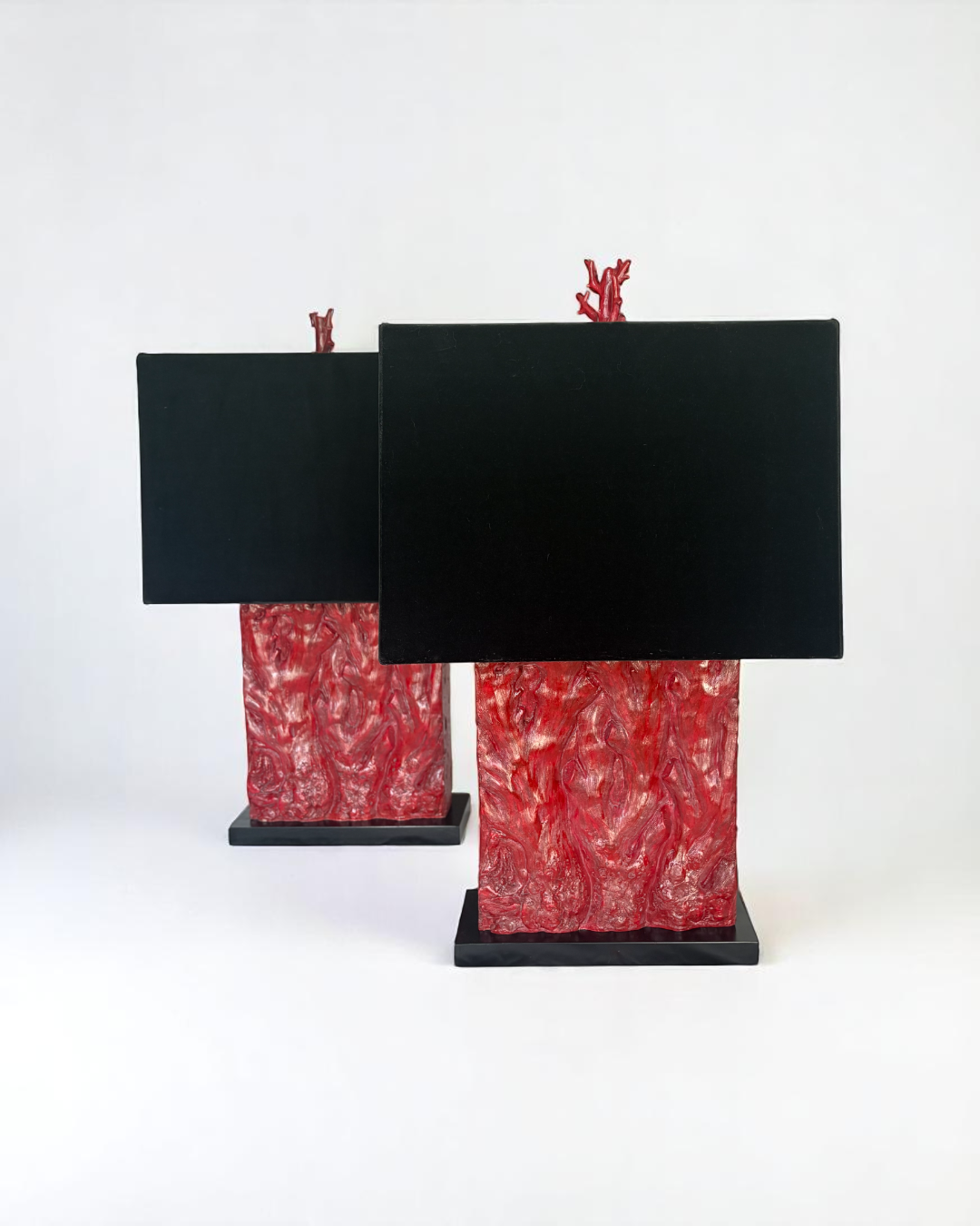 Pair of Tanner Kenzie, Contemporary Red Resin Lamps with Black Velvet Shades, pre-owned.