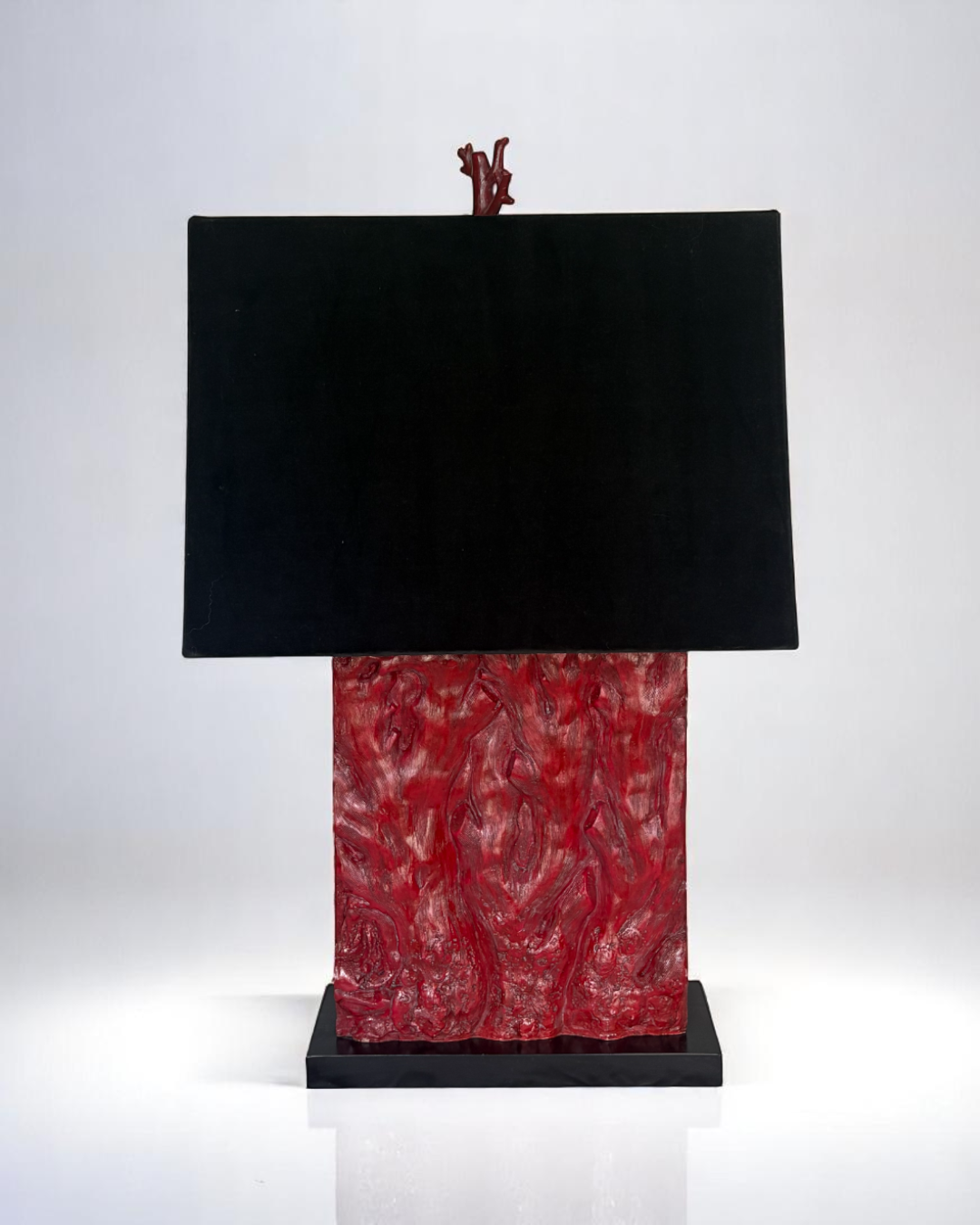 Pair of Tanner Kenzie, Contemporary Red Resin Lamps with Black Velvet Shades, pre-owned.