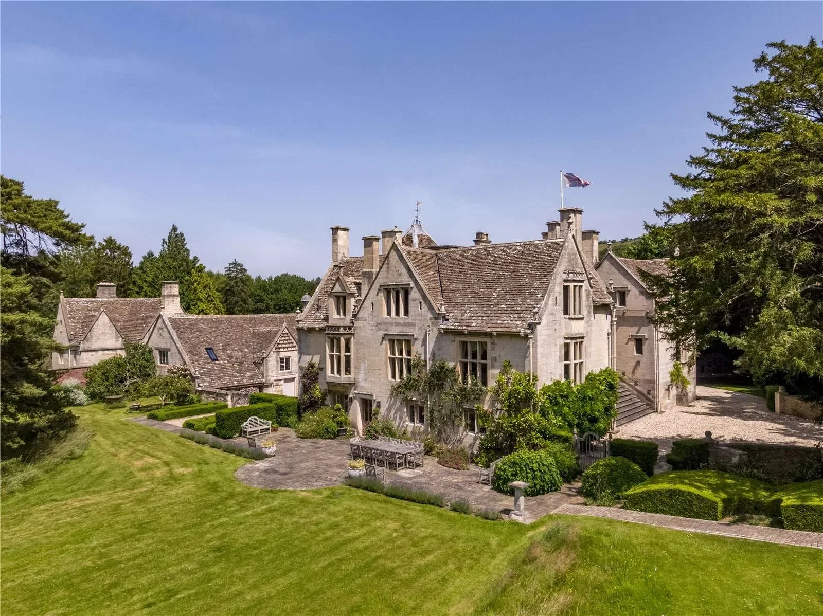A large historic stone mansion with a steep roof and multiple chimneys, surrounded by well-maintained lawns, trees, and shrubbery under a clear blue sky.