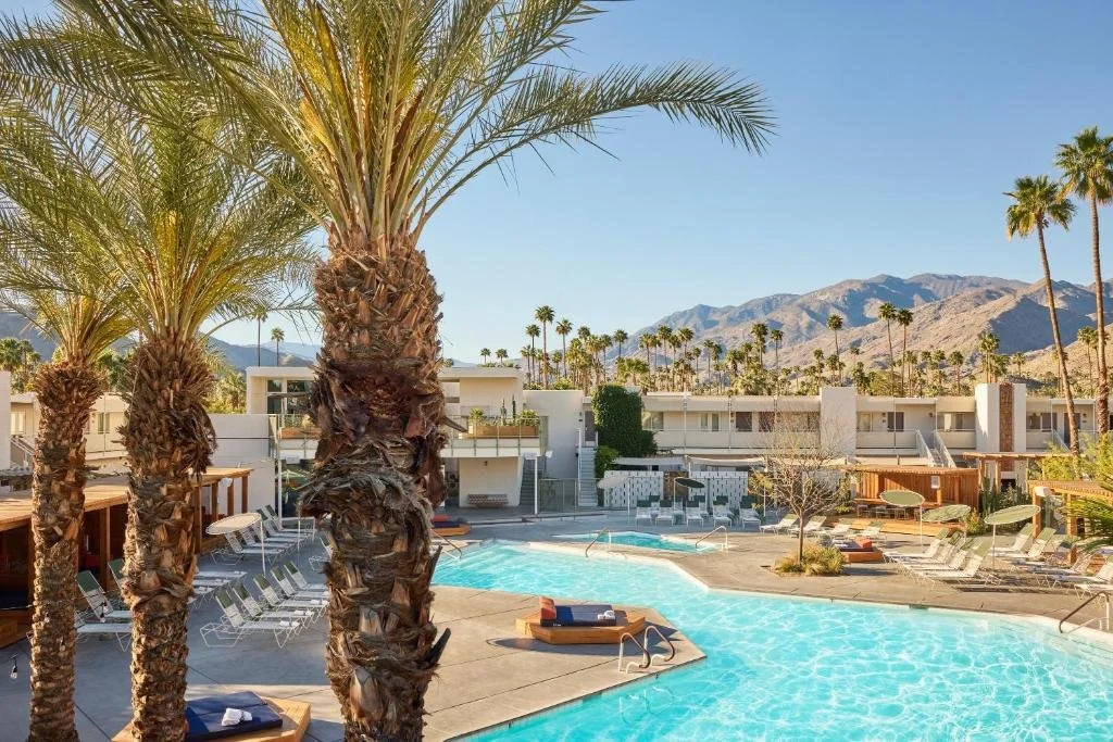 A backyard with a swimming pool, surrounded by lounge chairs, palm trees, and a low-rise hotel or apartment building with a mountain range in the background.