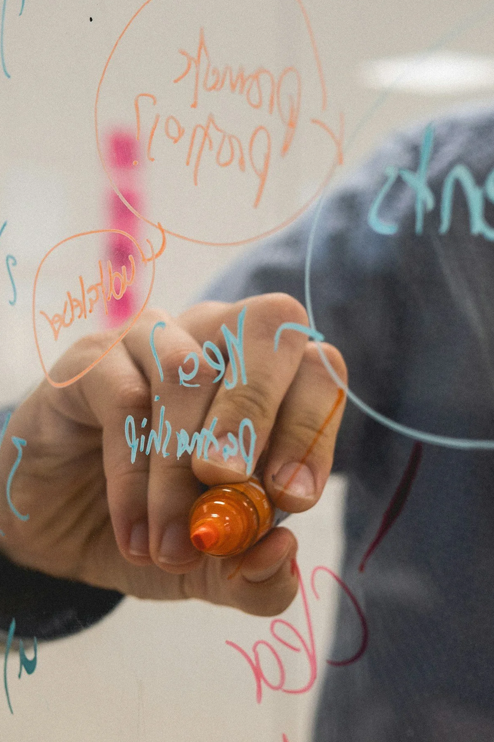 An image of someone writing on a board at a team-building workshop