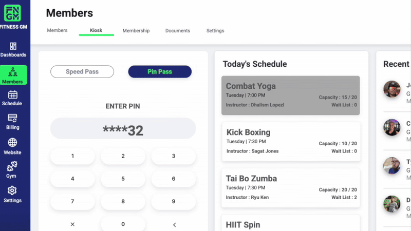 Gym membership management dashboard showing member PIN entry, today's schedule with fitness classes, and recent member activity.