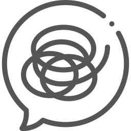 Abstract line drawing of a tangled, scribbled speech bubble.