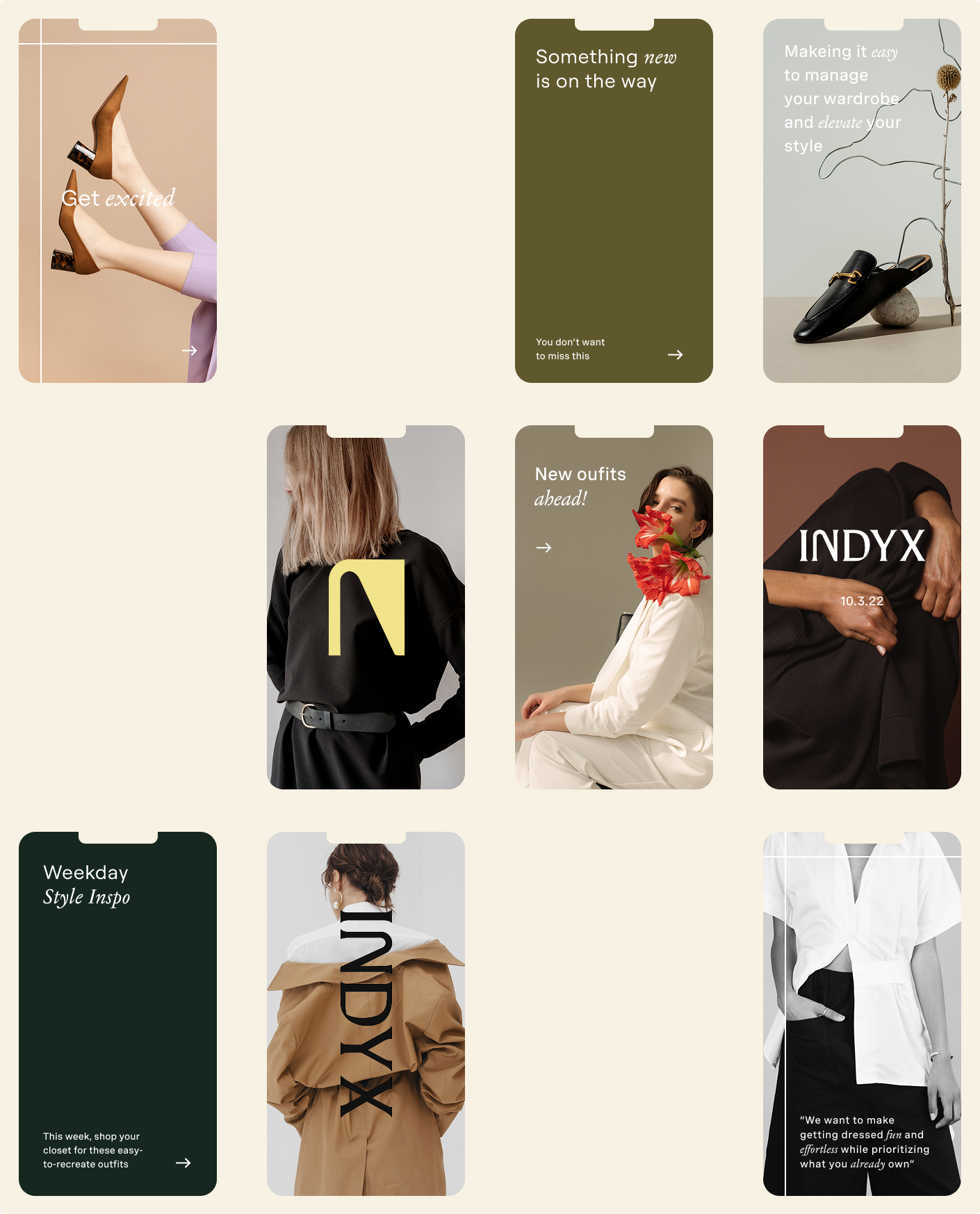 Collection of fashion and style promotional images, featuring shoes, clothing, and text about wardrobe management and new outfits.