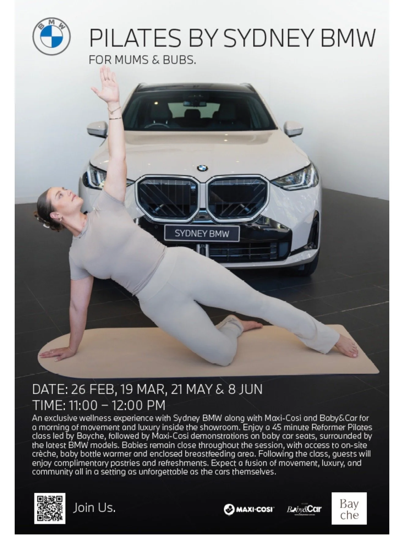 A woman in beige workout clothes doing yoga on a mat inside a showroom. Behind her is a white BMW SUV with a license plate reading 'Sydney BMW.' A sign above indicates a Pilates event for moms and babies, scheduled for certain dates in 2023, featuring wellness, Pilates classes, and baby-friendly amenities.
