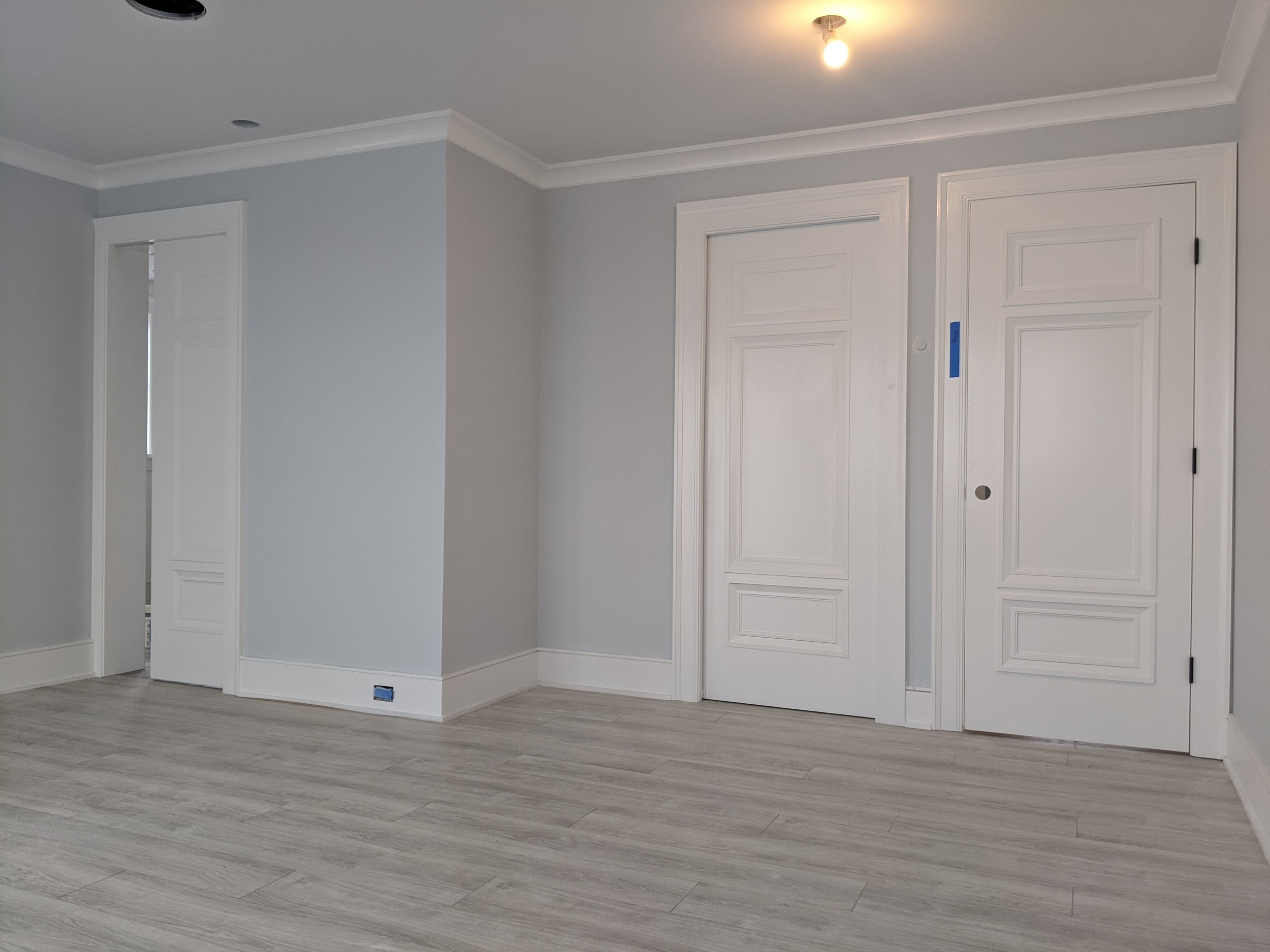 Empty room with light gray walls, wood flooring, two closed white doors, baseboards, and crown molding under a ceiling light.
