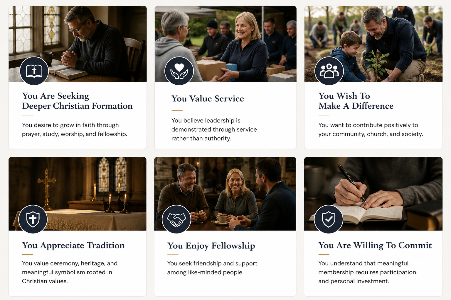 A digital infographic with six sections, each featuring an image, an icon, a title, and a brief descriptive text about Christian values and community involvement. Top row: a person praying, a woman receiving a gift, and a man planting a seed with a child. Bottom row: a church altar, a group of people having a conversation over coffee, and someone writing in a book.