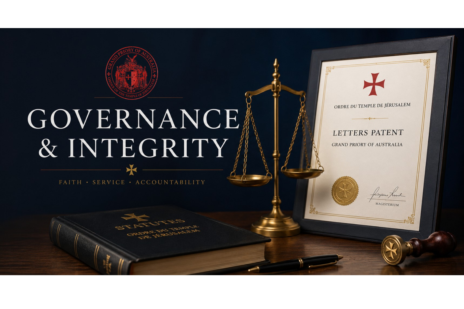 A display of legal documents and symbols of justice, including a framed letter of patent, a large book titled 'Statutes,' a golden balance scale, a document with a red cross, and a stamp with a cross symbol, all referencing the Grand Priory of Australia and the Temple of Jerusalem, with the words 'Governance & Integrity'.
