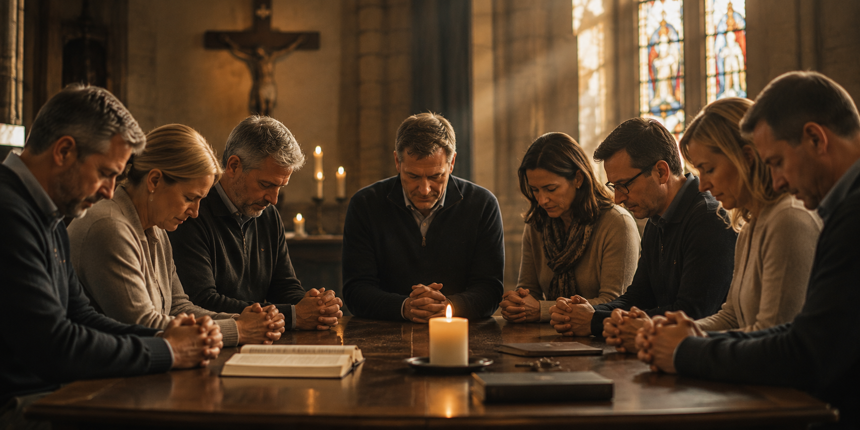 A group of nine people in prayer inside a church, sitting at a long table with hands clasped, facing a lit candle, with stained glass windows and a crucifix in the background.