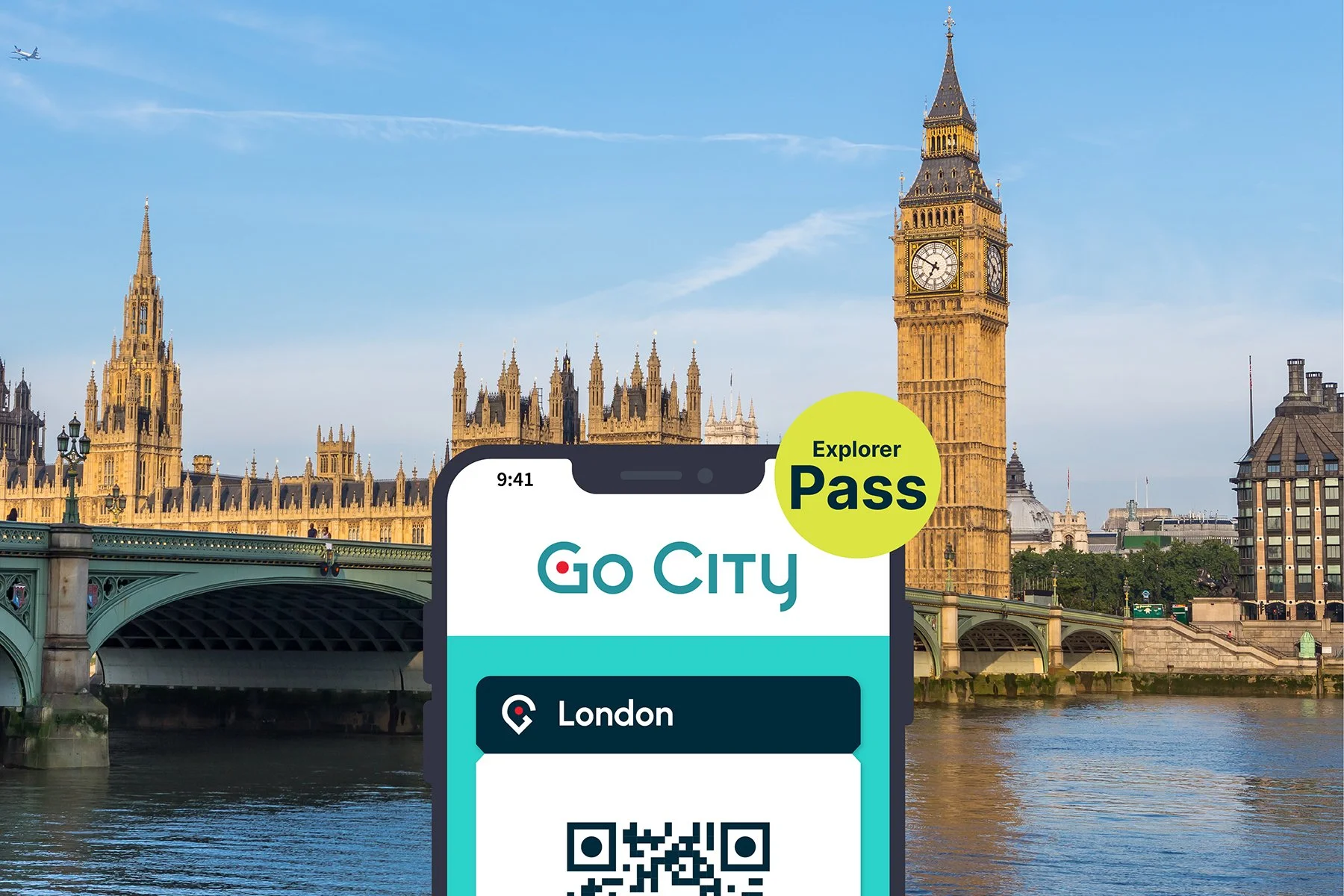 A smartphone displaying a Go City Explorer Pass for London with a QR code, set against the background of the Palace of Westminster and Big Ben in London.