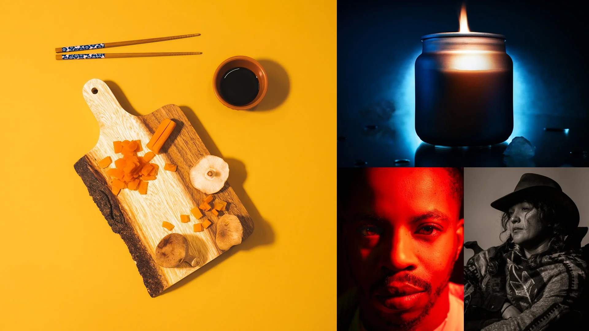 A collage with four images: a top-down view of a yellow background with a wooden cutting board, chopped orange vegetables, two mushrooms, a cup of dark liquid, and chopsticks; a blue-lit candle with a flame; a portrait of a man illuminated with red light; and a woman in a cowboy hat and plaid jacket in black-and-white.