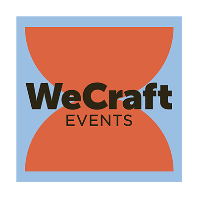 Logo for WeCraft Events with a blue background, a split orange semi-circle shape, and black text.