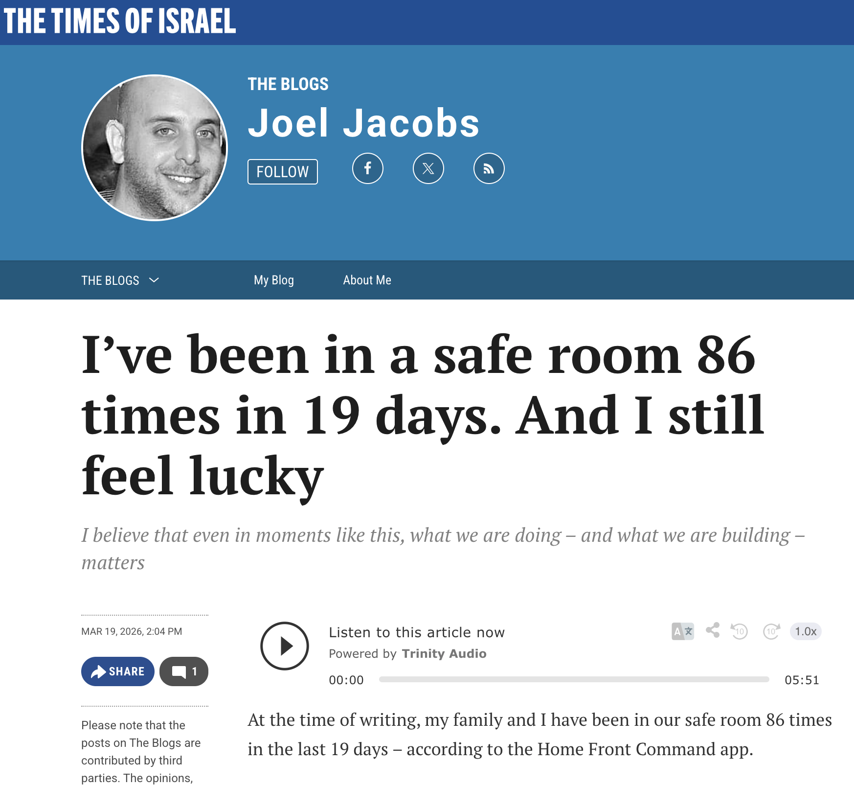 The Times of Israel: I’ve been in a safe room 86 times in 19 days. And I still feel lucky