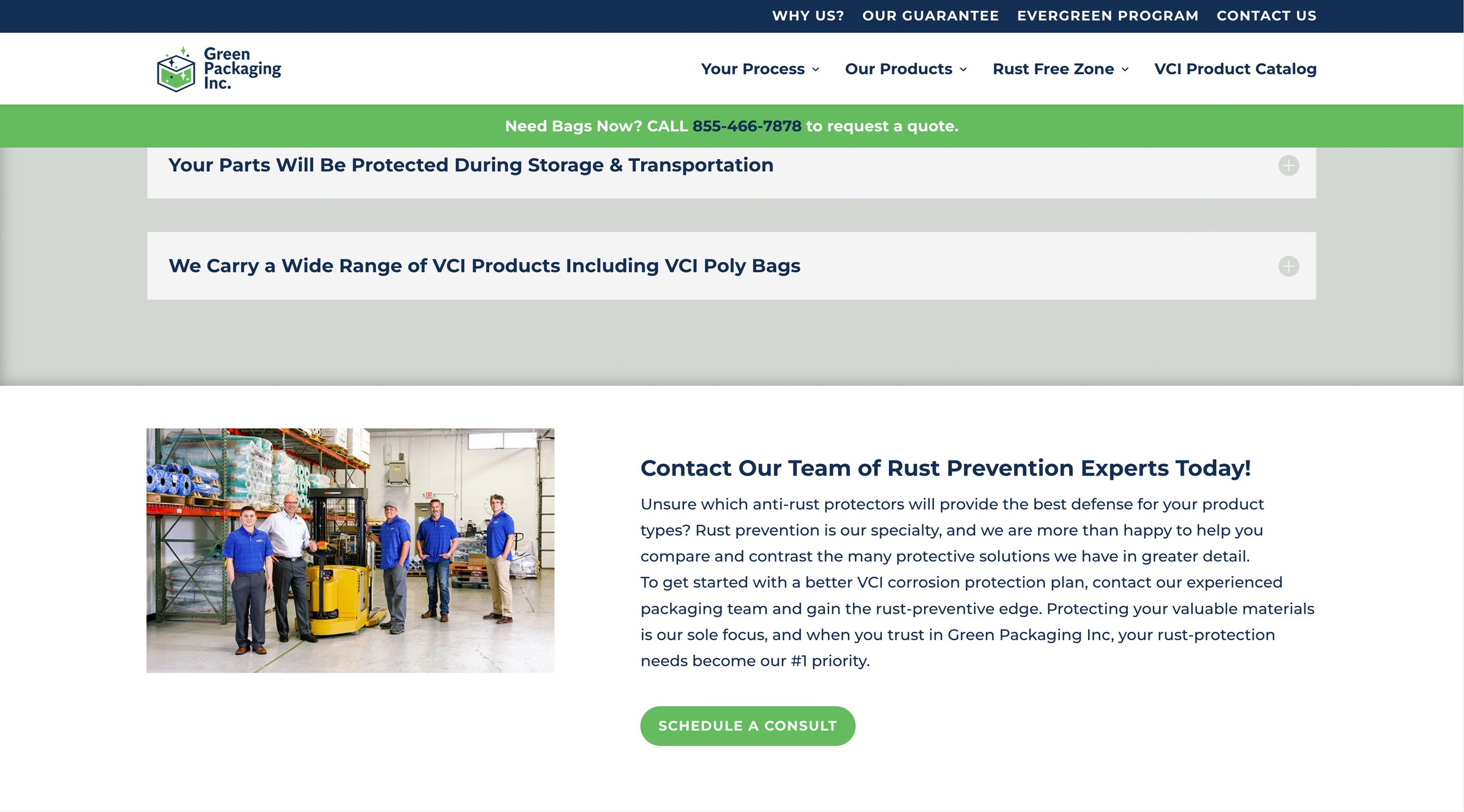 Webpage for Green Packaging Inc. featuring rust prevention services