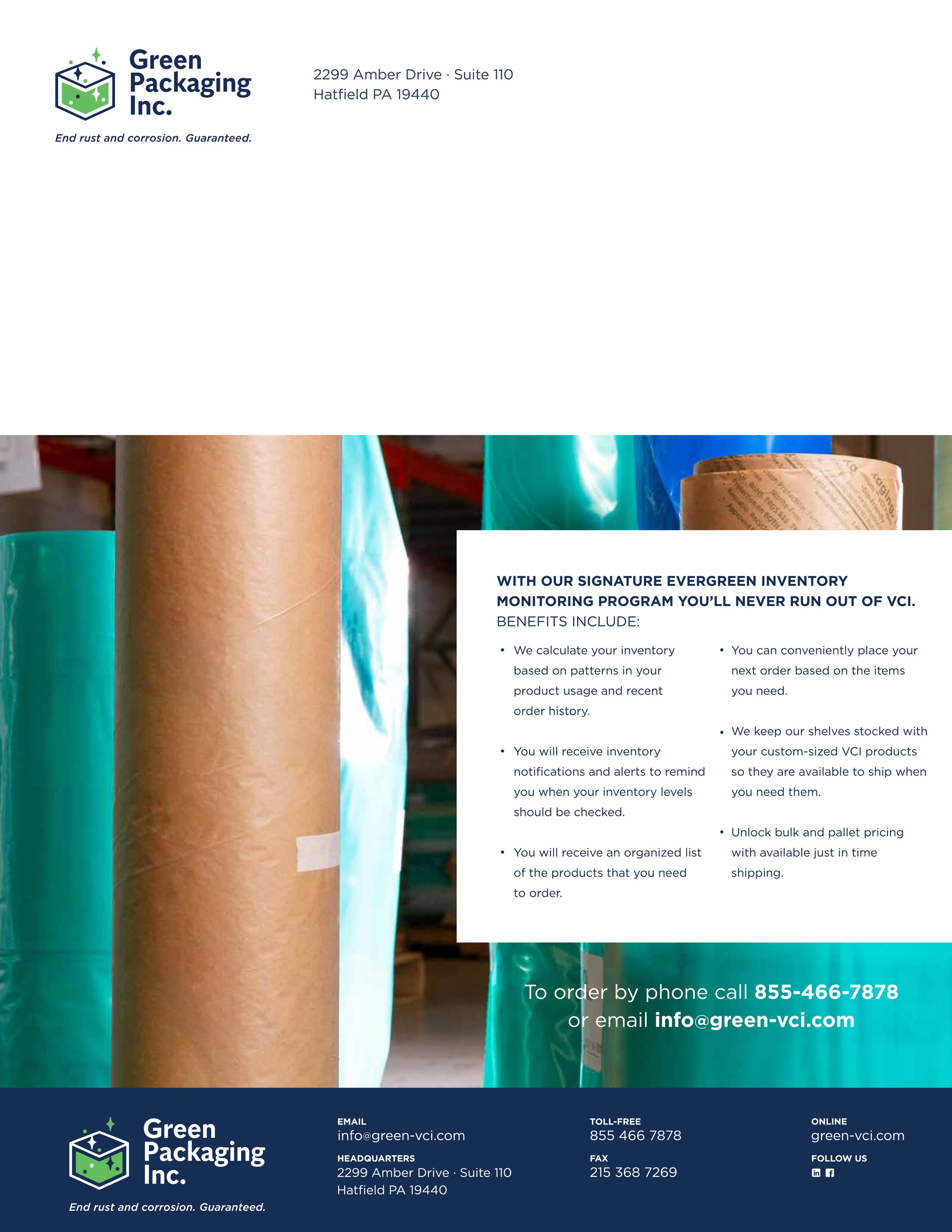 Green Packaging Inc. advertisement promoting the Evergreen Inventory Monitoring Program, featuring VCI packaging materials and contact information for ordering.