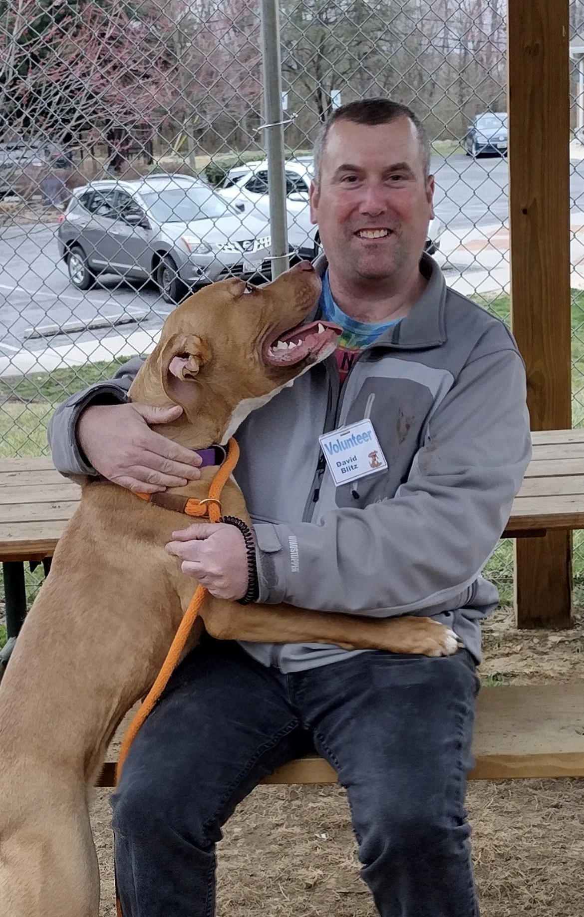 Dog looks up at David in The Arc of Washington County's Outreach program